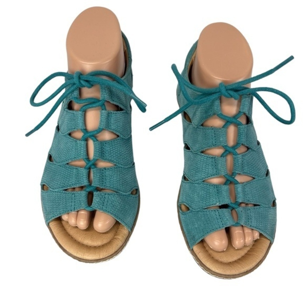 Earth Plover Womens 7.5B Teal Suede Pebbled Leather Sandal Shoes Boho Lace Up - Picture 2 of 8